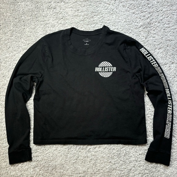 Hollister Shirt Womens Small Long Sleeve Crop Top Black White Check Casual - Picture 2 of 3